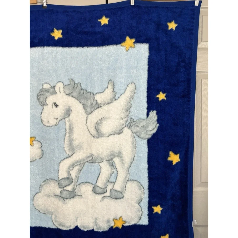 Vintage Baby Mink Blanket Pegasus Deep Royal Blue Stars Clouds Dreams‎ 43